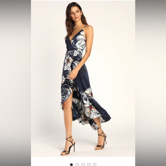 Lulus Dresses & Skirts - Lulus Seeking Chic Navy Blue Floral Print Ruffled Faux-Wrap Midi Dress